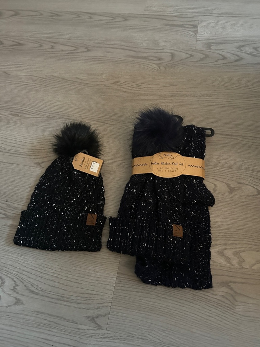Nollia Blue Sparkle Knit Hat & Scarf Set with Faux-Fur Pom